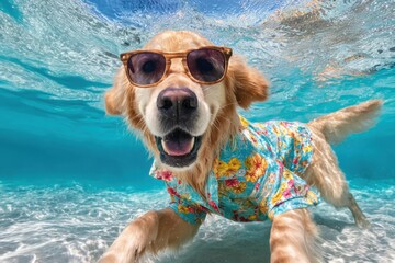 A Golden Retriever wearing sunglasses and a floral shirt, swims underwater in clear blue water, enjoying a summer vacation.