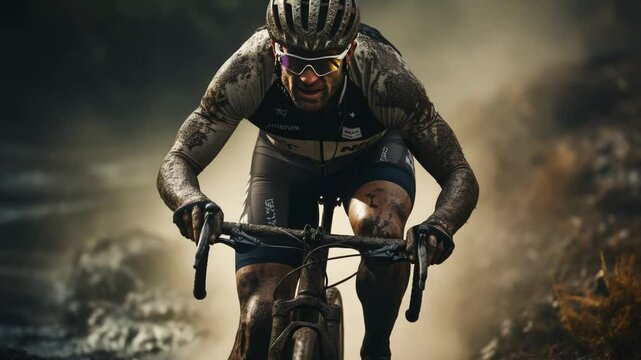 Cyclocross.Man riding a bicycle, modern extreme sport, dirty weather