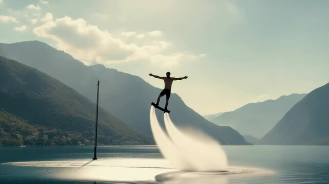 A man in full equipment on a flyboard rises to a great height above the sea against the backdrop of a mountain landscape