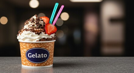 A gelato cup with whipped cream chocolate shavings and strawberry slices on a gray surface with straws