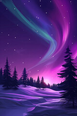 Aurora borealis light show on winter night. Stunning northern light above snowy field with fir tree forest. Magic winter sky for holiday card.