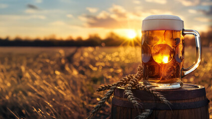 Mug of frothy beer and wheat on a wooden barrel in a golden field during a sunset. Oktoberfest celebration. Brewery concept.