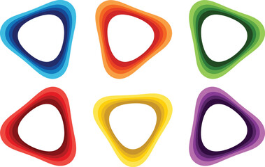 Collection of six colorful layered abstract triangular shapes on a white background