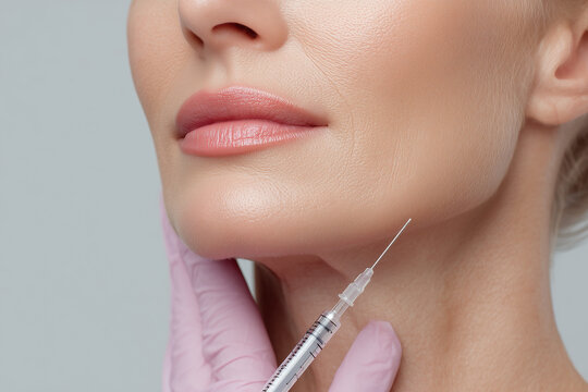 Chin injection with filler or botox by a gloved medical professional.