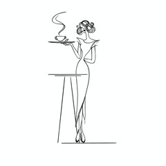Minimalistic line art of an elegant woman holding a steaming cup of coffee at a café table, perfect for coffee shop branding, decor, or design