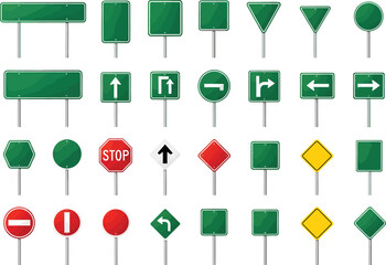 Collection of various green and red road signs with white symbols
