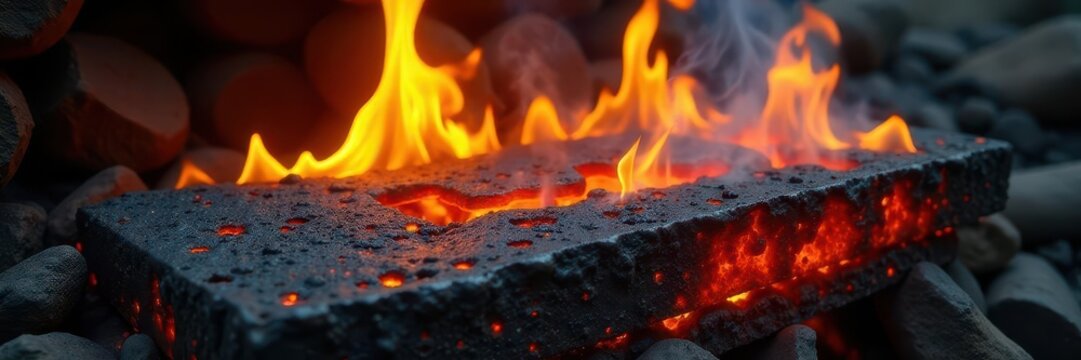 Burnt iron with flames licking its surface, creating a mesmerizing display of fire and metal, iron, intense, burning iron