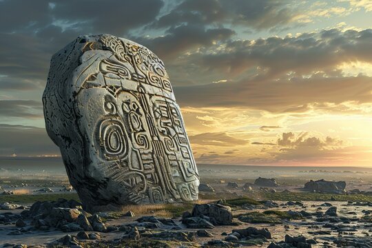 Mysterious monolith with intricate carvings stands in a barren landscape under a dramatic sunset sky - Powered by Adobe