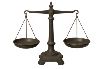 Vintage weighing scales balancing, representing justice and legal equilibrium against transparent backdrop