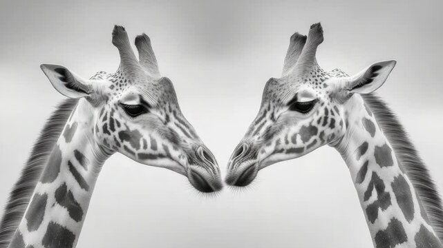 This is a black and white graph of two giraffes touching their tongues to each other's mouth in an affectionate gesture, captured as mirror reflections that create a twin  effect.