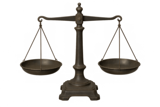 Vintage weighing scales balancing, representing justice and legal equilibrium against transparent backdrop