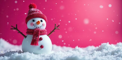 Obraz premium Friendly snowman with glittery accents waves on magenta background, adorable, design, snowman