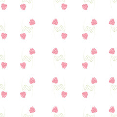Seamless pattern featuring delicate pink hand-drawn flowers with light green curly leaves on a white background. For textile design, wallpapers, packaging, and romantic or spring-themed projects.