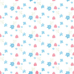 Seamless pattern with blue and pink flowers and green leaves on white background. For textile design, wallpapers, packaging, and cheerful spring or summer-themed projects.
