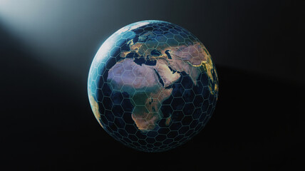 Model of Earth with hexagonal grid illustrating geography under a spotlight in dark setting