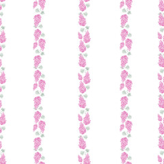 Seamless vertical floral pattern with pink blossoms and green leaves on a white background. Perfect for textile prints, wallpapers, gift wrapping, and elegant spring or summer designs.