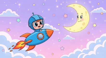 Fototapeta premium A young boy astronaut wearing a helmet is flying a blue rocket towards a smiling crescent moon amidst stars and clouds.