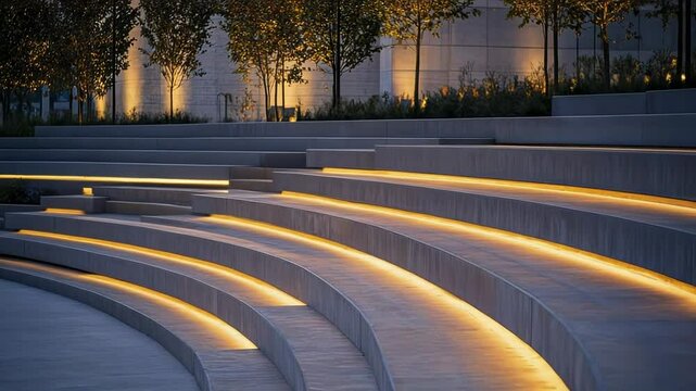 Illuminated Outdoor Amphitheater Steps at Night with Glowing Lights and Trees
