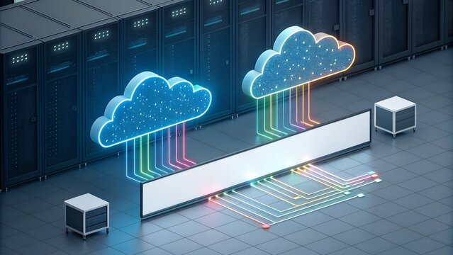 Digital clouds connect to servers in a futuristic data center with glowing circuits