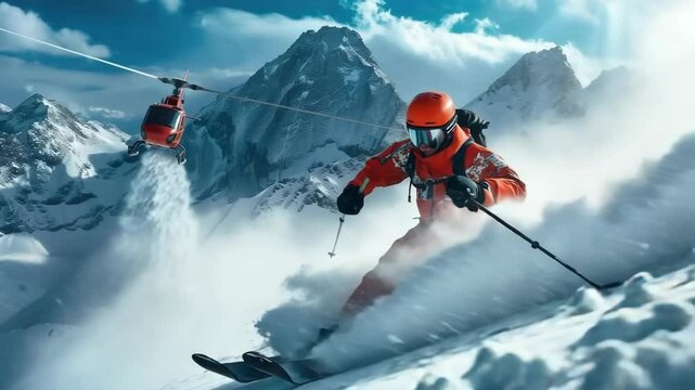 A skier conquers the breathtaking snowy mountain slopes of peaks. Heli sking