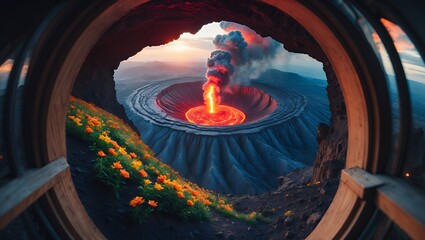 Volcano Crater Erupting with Smoke and Lava Framed by Wildflowers