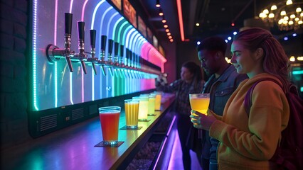 A couple orders colorful drinks from a modern bar with a vibrant, illuminated beer tap system