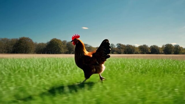 Chicken runs across a sunny field in the countryside during the day