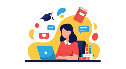 Fototapeta premium Woman studying online education with laptop and books illustration