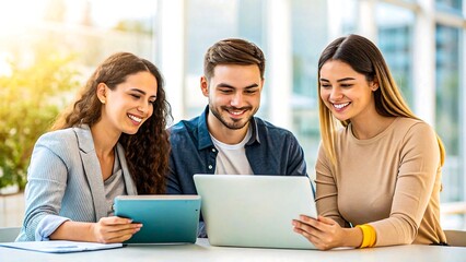 Smiling diverse team working together on tablets and laptops in a bright modern office, digital collaboration concept