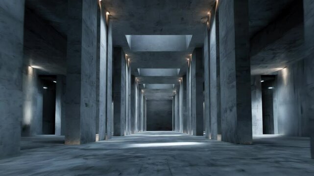 Flying forward through long concrete modern corridor
