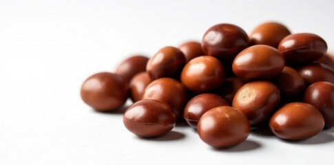 Pile of shiny brown chestnuts on white background, healthy, cooking, nuts