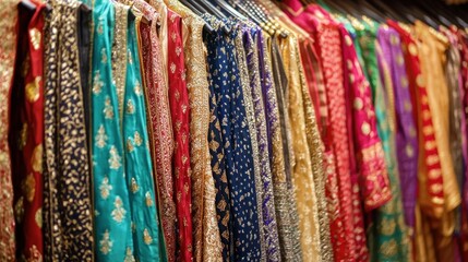 Obraz premium A traditional South Asian clothing boutique where kameez sets in various colors and patterns hang neatly under warm ambient lighting