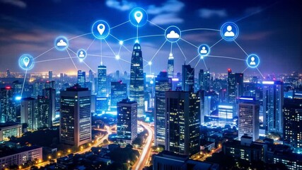 Cityscape at night illuminated with technology network, showcasing the digital transformation - Powered by Adobe