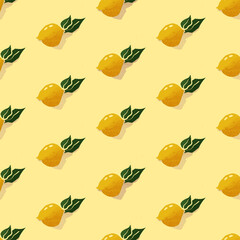 Seamless pattern with lemons and green leaves on light yellow background. for summer textiles, kitchen decor, packaging, and cheerful designs.
