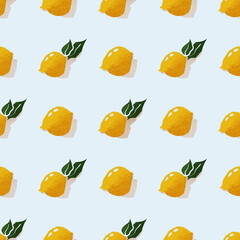 Seamless pattern featuring juicy yellow lemons with green leaves on a light blue background in a modern hand-drawn style. Perfect for kitchen decor, textile, packaging, and fresh summer designs.