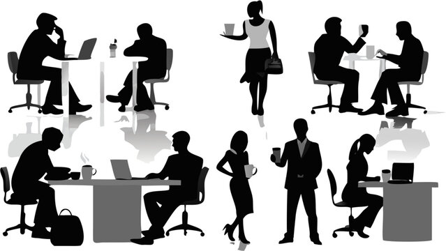 Silhouette of people working at desks and tables in an office or co working space environment setting