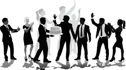 Silhouette of business people celebrating with a cake and applause, with some faded background figures