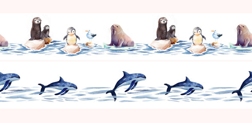 Two seamless horizontal marine borders. The border shows arctic animals including penguin, walrus, seals, and seagull on ice floes and rocks and features orcas swimming in stylized water waves.
