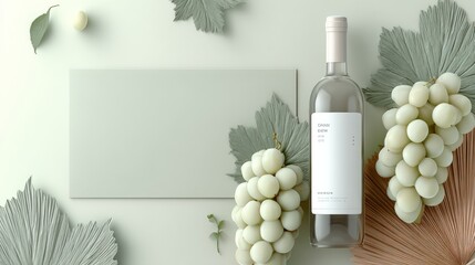 Elegant wine bottle with grapes and decorative leaves on a minimalist background, emphasizing sophistication and luxury.