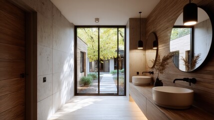 Fototapeta premium Modern bathroom with dual sinks, round mirrors, and a view of a serene courtyard through large glass doors, featuring natural wood and stone elements.