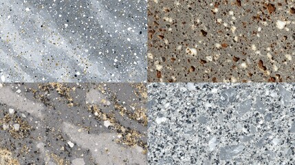 A composite of four textured, close-up stone surfaces with varying hues and speckled patterns, exhibiting natural variations