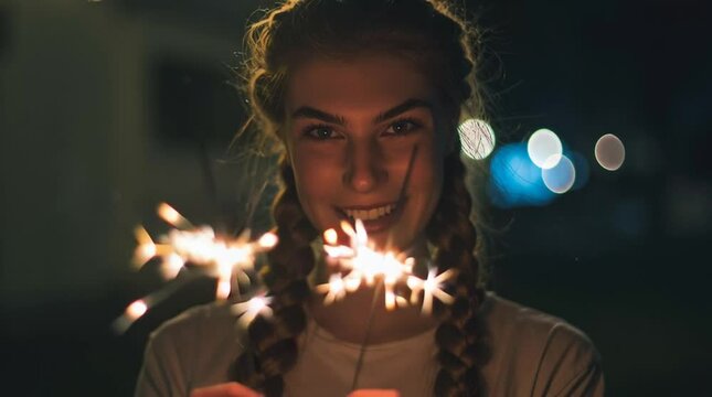 Woman with a long braid holds sparklers in the dark, light reflecting in her eyes, captured with a handheld, intimate camera feel, evoking joy and wonder.
