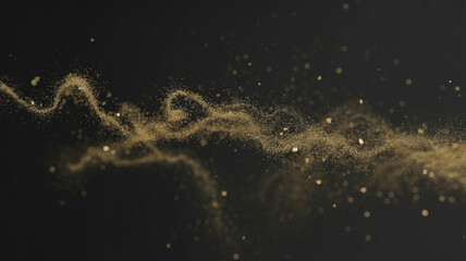 Glistening golden particles swirl gracefully against a dark background, creating an enchanting visual display of light and movement