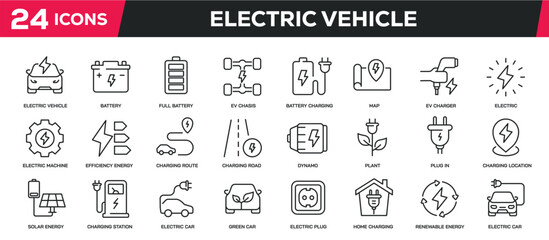 Set of collection line icons related electric vehicle, electric car, green car. Editable stroke. Perfect pixel on transparent background