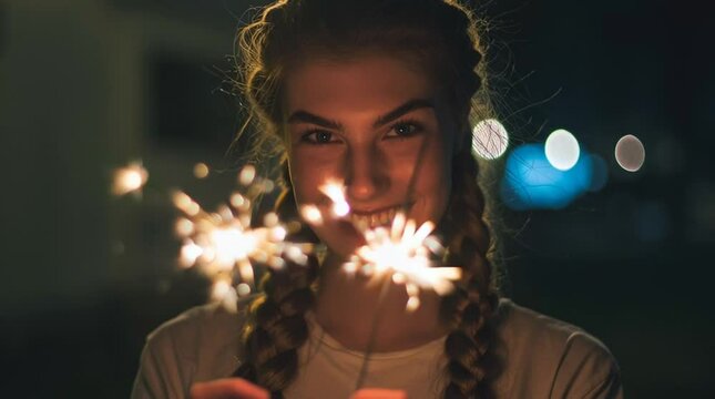 Woman with a long braid holds sparklers in the dark, light reflecting in her eyes, captured with a handheld, intimate camera feel, evoking joy and wonder.

