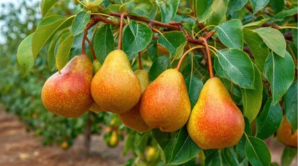 Ripe pears hanging on a tree branch in an orchard, surrounded by lush green leaves, ready for harvest.