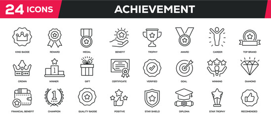 Set of collection line icons related achievement, reward, award. Editable stroke. Perfect pixel on transparent background