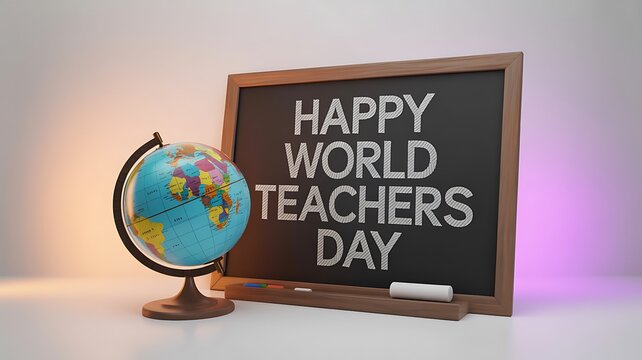 Happy world teachers day message on a blackboard with a globe and chalk