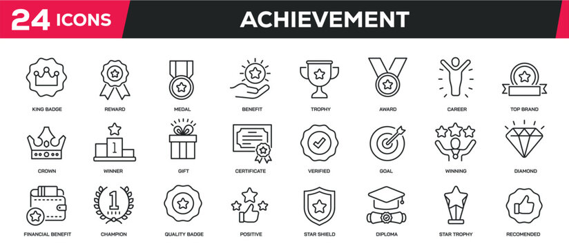 Set of collection line icons related achievement, reward, award. Editable stroke. Perfect pixel on transparent background
