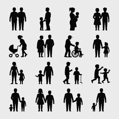 Fifteen Black Silhouettes Depicting Diverse Family Groups Including Parents Children Infants Grandparents and Individuals with Disabilities